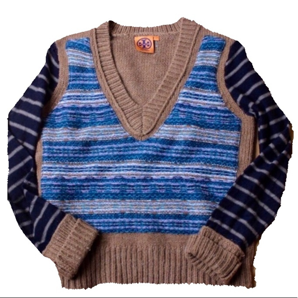 TORY BURCH STRIPED WOOL V-NECK SWEATER SZ SMALL